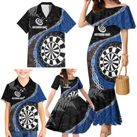 Personalised New Zealand Darts Family Matching Mermaid Dress and Hawaiian Shirt Koru Tribal Tattoo and Silver Fern Maori Pattern Blue Color LT03 - Polynesian Pride