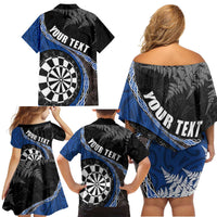 Personalised New Zealand Darts Family Matching Off Shoulder Short Dress and Hawaiian Shirt Koru Tribal Tattoo and Silver Fern Maori Pattern Blue Color LT03 - Polynesian Pride