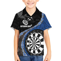 Personalised New Zealand Darts Kid Hawaiian Shirt Koru Tribal Tattoo and Silver Fern Maori Pattern Blue Color