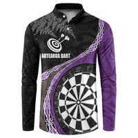 Personalised New Zealand Darts Button Sweatshirt Koru Tribal Tattoo and Silver Fern Maori Pattern Purple Color LT03 Purple - Polynesian Pride