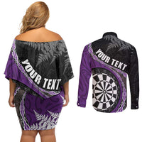 Personalised New Zealand Darts Couples Matching Off Shoulder Short Dress and Long Sleeve Button Shirt Koru Tribal Tattoo and Silver Fern Maori Pattern Purple Color LT03 - Polynesian Pride