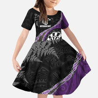Personalised New Zealand Darts Family Matching Long Sleeve Bodycon Dress and Hawaiian Shirt Koru Tribal Tattoo and Silver Fern Maori Pattern Purple Color