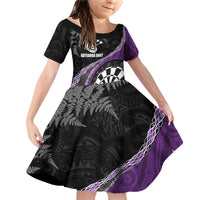 Personalised New Zealand Darts Family Matching Off Shoulder Short Dress and Hawaiian Shirt Koru Tribal Tattoo and Silver Fern Maori Pattern Purple Color LT03 Daughter's Dress Purple - Polynesian Pride