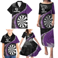 Personalised New Zealand Darts Family Matching Puletasi and Hawaiian Shirt Koru Tribal Tattoo and Silver Fern Maori Pattern Purple Color LT03 - Polynesian Pride