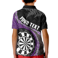 Personalised New Zealand Darts Kid Polo Shirt Koru Tribal Tattoo and Silver Fern Maori Pattern Purple Color LT03 - Polynesian Pride
