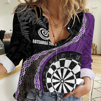 Personalised New Zealand Darts Women Casual Shirt Koru Tribal Tattoo and Silver Fern Maori Pattern Purple Color LT03 Female Purple - Polynesian Pride