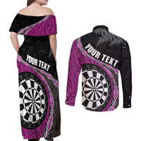 Personalised New Zealand Darts Couples Matching Off Shoulder Maxi Dress and Long Sleeve Button Shirt Koru Tribal Tattoo and Silver Fern Maori Pattern Pink Color LT03 - Polynesian Pride