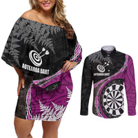 Personalised New Zealand Darts Couples Matching Off Shoulder Short Dress and Long Sleeve Button Shirt Koru Tribal Tattoo and Silver Fern Maori Pattern Pink Color LT03 Pink - Polynesian Pride