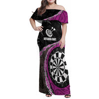 Personalised New Zealand Darts Family Matching Off Shoulder Maxi Dress and Hawaiian Shirt Koru Tribal Tattoo and Silver Fern Maori Pattern Pink Color LT03 Mom's Dress Pink - Polynesian Pride