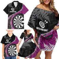 Personalised New Zealand Darts Family Matching Off Shoulder Short Dress and Hawaiian Shirt Koru Tribal Tattoo and Silver Fern Maori Pattern Pink Color LT03 - Polynesian Pride