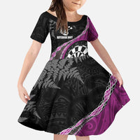 Personalised New Zealand Darts Family Matching Short Sleeve Bodycon Dress and Hawaiian Shirt Koru Tribal Tattoo and Silver Fern Maori Pattern Pink Color LT03 Daughter's Dress Pink - Polynesian Pride