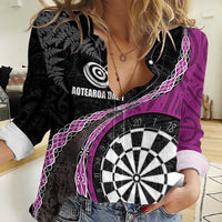 Personalised New Zealand Darts Women Casual Shirt Koru Tribal Tattoo and Silver Fern Maori Pattern Pink Color LT03 Female Pink - Polynesian Pride
