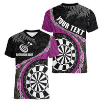 Personalised New Zealand Darts Women V-Neck T-Shirt Koru Tribal Tattoo and Silver Fern Maori Pattern Pink Color LT03 - Polynesian Pride
