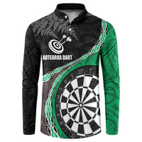Personalised New Zealand Darts Button Sweatshirt Koru Tribal Tattoo and Silver Fern Maori Pattern Green Color LT03 Green - Polynesian Pride