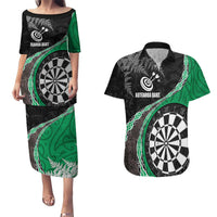 Personalised New Zealand Darts Couples Matching Puletasi and Hawaiian Shirt Koru Tribal Tattoo and Silver Fern Maori Pattern Green Color LT03 Green - Polynesian Pride
