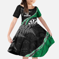 Personalised New Zealand Darts Family Matching Off The Shoulder Long Sleeve Dress and Hawaiian Shirt Koru Tribal Tattoo and Silver Fern Maori Pattern Green Color