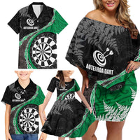 Personalised New Zealand Darts Family Matching Off Shoulder Short Dress and Hawaiian Shirt Koru Tribal Tattoo and Silver Fern Maori Pattern Green Color LT03 - Polynesian Pride