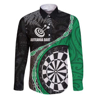 Personalised New Zealand Darts Family Matching Short Sleeve Bodycon Dress and Hawaiian Shirt Koru Tribal Tattoo and Silver Fern Maori Pattern Green Color LT03 Dad's Shirt - Long Sleeve Green - Polynesian Pride