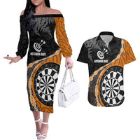 Personalised New Zealand Darts Couples Matching Off The Shoulder Long Sleeve Dress and Hawaiian Shirt Koru Tribal Tattoo and Silver Fern Maori Pattern Orange Color