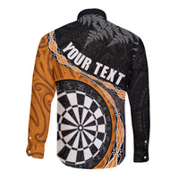 Personalised New Zealand Darts Long Sleeve Button Shirt Koru Tribal Tattoo and Silver Fern Maori Pattern Orange Color LT03 - Polynesian Pride