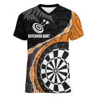Personalised New Zealand Darts Women V-Neck T-Shirt Koru Tribal Tattoo and Silver Fern Maori Pattern Orange Color LT03 Female Orange - Polynesian Pride