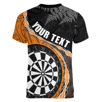 Personalised New Zealand Darts Women V-Neck T-Shirt Koru Tribal Tattoo and Silver Fern Maori Pattern Orange Color LT03 - Polynesian Pride