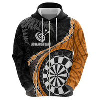Personalised New Zealand Darts Zip Hoodie Koru Tribal Tattoo and Silver Fern Maori Pattern Orange Color