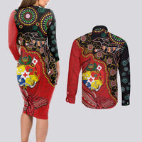 Tonga Ngatu and Australia Together Couples Matching Long Sleeve Bodycon Dress and Long Sleeve Button Shirt Polynesian Humpback Whale and Aboriginal Kangaroo