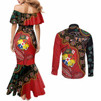 Tonga Ngatu and Australia Together Couples Matching Mermaid Dress and Long Sleeve Button Shirt Polynesian Humpback Whale and Aboriginal Kangaroo