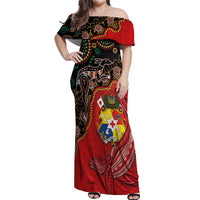 Tonga Ngatu and Australia Together Off Shoulder Maxi Dress Polynesian Humpback Whale and Aboriginal Kangaroo