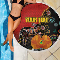Personalised Papua New Guinea and Australia Together Beach Blanket Bird-of-paradise and Kangaroo with Aboriginal Pattern