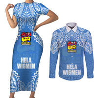 Hela Wigmen Rugby Couples Matching Short Sleeve Bodycon Dress and Long Sleeve Button Shirts Papua New Guinea Polynesian Tattoo LT03 Blue - Polynesian Pride