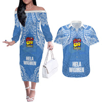 Custom Hela Wigmen Rugby Couples Matching Off The Shoulder Long Sleeve Dress and Hawaiian Shirt Papua New Guinea Polynesian Tattoo LT03 Blue - Polynesian Pride