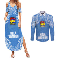 Custom Hela Wigmen Rugby Couples Matching Summer Maxi Dress and Long Sleeve Button Shirts Papua New Guinea Polynesian Tattoo LT03 Blue - Polynesian Pride