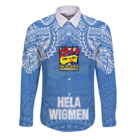 Custom Hela Wigmen Rugby Family Matching Off Shoulder Short Dress and Hawaiian Shirt Papua New Guinea Polynesian Tattoo LT03 Dad's Shirt - Long Sleeve Blue - Polynesian Pride