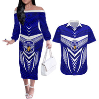 Kimbe Cutters Rugby Couples Matching Off The Shoulder Long Sleeve Dress and Hawaiian Shirt Papua New Guinea Polynesian Tattoo Blue Version LT03 Blue - Polynesian Pride