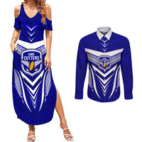 Kimbe Cutters Rugby Couples Matching Summer Maxi Dress and Long Sleeve Button Shirts Papua New Guinea Polynesian Tattoo Blue Version LT03 Blue - Polynesian Pride