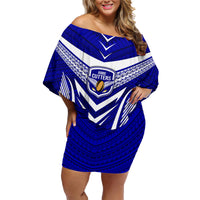 Kimbe Cutters Rugby Family Matching Off Shoulder Short Dress and Hawaiian Shirt Papua New Guinea Polynesian Tattoo Blue Version LT03 Mom's Dress Blue - Polynesian Pride