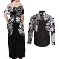 Japanese Irezumi and Hawaiian Polynesian Art Tattoo Couples Matching Off Shoulder Maxi Dress and Long Sleeve Button Shirt Black Color - Polynesian Pride