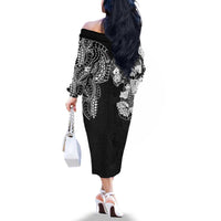 Japanese Irezumi and Hawaiian Polynesian Art Tattoo Family Matching Off The Shoulder Long Sleeve Dress and Hawaiian Shirt Black Color - Polynesian Pride