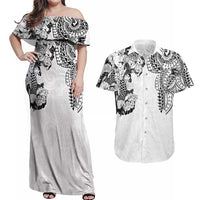 Japanese Irezumi and Hawaiian Polynesian Art Tattoo Couples Matching Off Shoulder Maxi Dress and Hawaiian Shirt White Color - Polynesian Pride