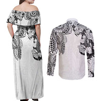 Japanese Irezumi and Hawaiian Polynesian Art Tattoo Couples Matching Off Shoulder Maxi Dress and Long Sleeve Button Shirt White Color - Polynesian Pride