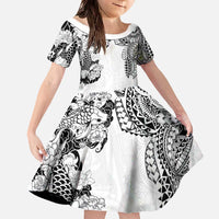Japanese Irezumi and Hawaiian Polynesian Art Tattoo Family Matching Off The Shoulder Long Sleeve Dress and Hawaiian Shirt White Color - Polynesian Pride