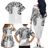 Japanese Irezumi and Hawaiian Polynesian Art Tattoo Family Matching Off The Shoulder Long Sleeve Dress and Hawaiian Shirt White Color - Polynesian Pride