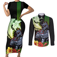 Hawaii Kaimuki High School Couples Matching Short Sleeve Bodycon Dress and Long Sleeve Button Shirt Tribal Kakau Pattern Mix Hibiscus Flower LT03 Black - Polynesian Pride