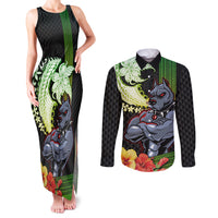 Hawaii Kaimuki High School Couples Matching Tank Maxi Dress and Long Sleeve Button Shirt Tribal Kakau Pattern Mix Hibiscus Flower LT03 Black - Polynesian Pride