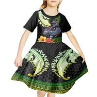 Hawaii Kaimuki High School Kid Short Sleeve Dress Tribal Kakau Pattern Mix Hibiscus Flower LT03 - Polynesian Pride