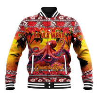 Hawaii KaʻUla Wena Octopus Baseball Jacket Oceanic Red with Corals and Tropical On Sunset Landscape