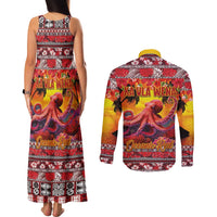 Hawaii KaʻUla Wena Octopus Couples Matching Tank Maxi Dress and Long Sleeve Button Shirt Oceanic Red with Corals and Tropical On Sunset Landscape