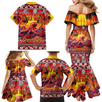Hawaii KaʻUla Wena Octopus Family Matching Mermaid Dress and Hawaiian Shirt Oceanic Red with Corals and Tropical On Sunset Landscape